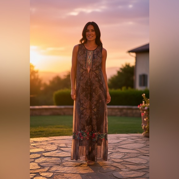 Johnny Was Dresses & Skirts - Johnny Was Biya Sleeveless Brown Floral Maxi slip Dress with Embroidered Trim